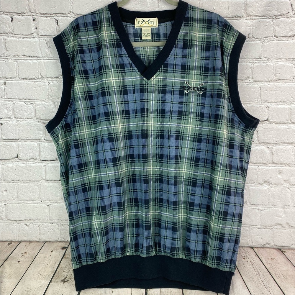 Vintage Izod Golf Mens Large Tartan Plaid Pullover Windbreaker Vest EUC